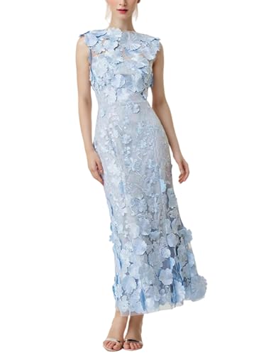 platlogy Designer Women's Sleeveless Lace 3D Floral Embroidered Midi Dress Elegant Formal Wedding Guest Party Vestido Blue