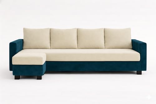 Image of SOCOZI Braven 5 Seater L Shape Sofa Set with Movable Ottoman | Flexible Layout | Soft Velvet Suede Fabric | Modern Design | Plush Comfort Cushions for Living Room (Green Teal-Cream)