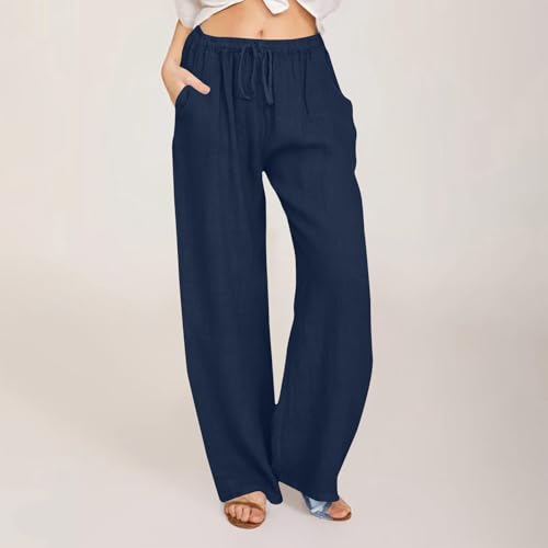 Summer Cotton Linen Pants for Women Loose Straight Leg Drawstring Trouser Casual Elastic Waist Long Pant with Pockets4