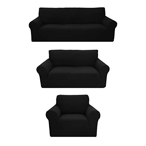 Sapphire Home 3-Piece Couch Cover Set, Sofa, Loveseat, and Arm Chair Slipcovers, Form fit Stretch, Wrinkle Free, Furniture Protector, Premium Brushed Sofa Covers for Living Room (Black)