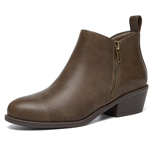 Athlefit Women's Ankle Boots Chunky Low Heel Comfortable Short Boots Round Toe Fahsion Fall Taupe Booties Size 8