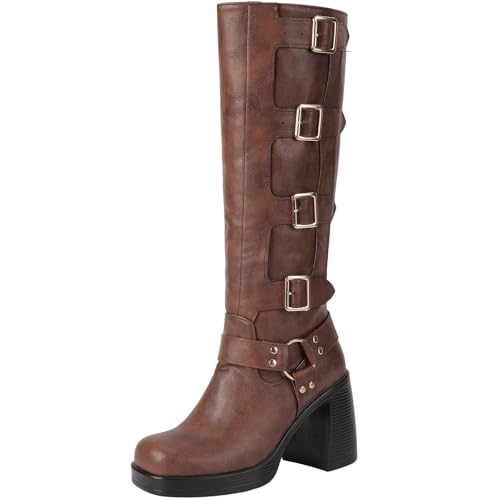 Seborluys Knee High Boots for Women Square Toe Pull On Riding Fashion Buckles Chunky Block Heel Biker Motorcycle Boots