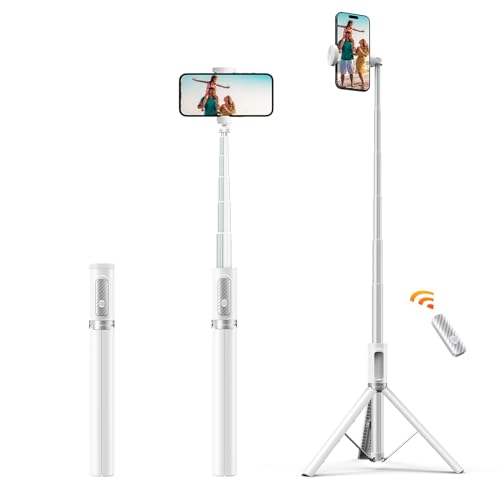 ATUMTEK 62 Selfie Stick Tripod Extendable Aluminum Tripod with Rechargeable Bluetooth Remote Compatible with iPhone and Android Smartphones Perfect for Travel Vlog Video and Photo White