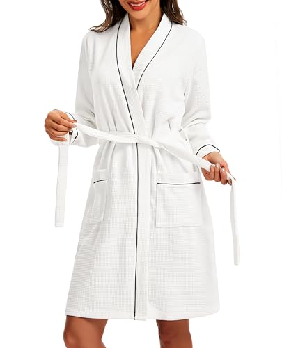 Lovasy Albornoz de Casa Corto para Mujer Manga Larga Tejido Gofre Nido Abeja Respirable con Cinturón Ajustable y Bolsillos,Blanco,S