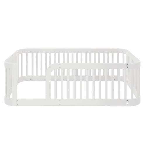 Image of Bellemave Twin Size Floor Bed Frame with High Fence,Solid Wood Kids Montessori Floor Bed Twin Size for Kids Girls Boys,Rounded Corner Design,White