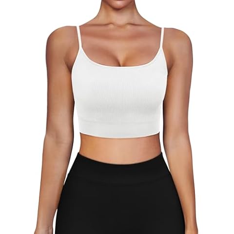 OYANUS Women's Sports Bras Longline Scoop Neck Padded Workout Yoga Bra Seamless Ribbed Spaghetti Strap Crop Tank Top White-L Cover