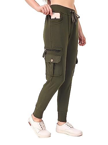 UZARUS Women’s Cotton Slim Fit Cargo Joggers Track Pants with 4 Zippered Pockets