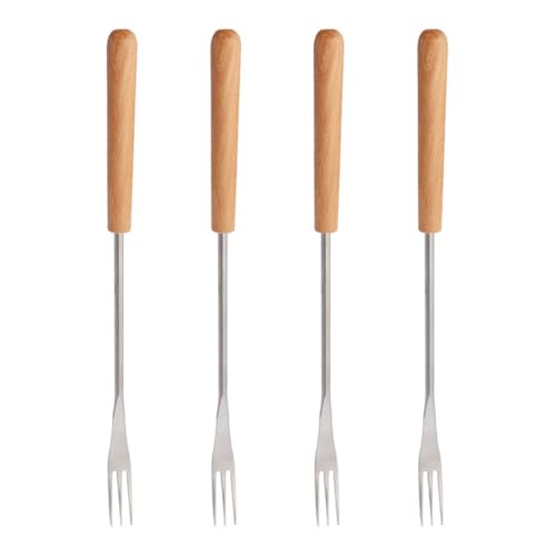 Lurrose Lot de 4 Fourchettes à Rôtir Anti-Brûlure en Acier Inoxydable Manche en Bois 3 Dents pour Fondue Fruits Barbecue et Desserts Ustensiles Portables pour Pique-Niques et Camping