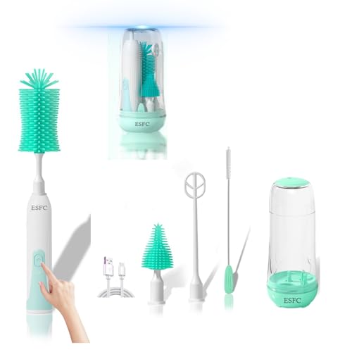 Image of ESFC Portable Electric Baby Bottle Brush Cleaner Kit With Automatic Electric Bottle Brush,Nipple/Straw Cleaner,Electric Stirrer and Drying Rack,Waterproof &Rechargeable Travel Bottle Cleaner Kit,Green