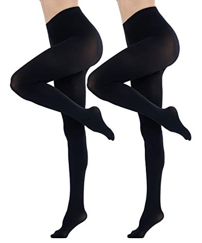 CozyWow Womens Tights 2 Pairs Run Resistant 80D High Waist Solid Color Semi Opaque Tights