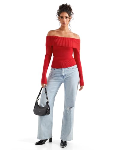 SUUKSESS Women Off Shoulder Sweaters Long Sleeve Ribbed Knit Going Out Fall Tops Blouse