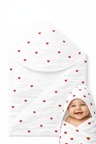 Image of Baby Hooded Wrapper for Newborn, 100% Muslin Cotton Hooded Towel & Blanket, 75x75 cm, 4 Ply, Ultra Soft & Absorbent Bath Towel for Infants & Toddler, Natural Dyes, Pack of 1