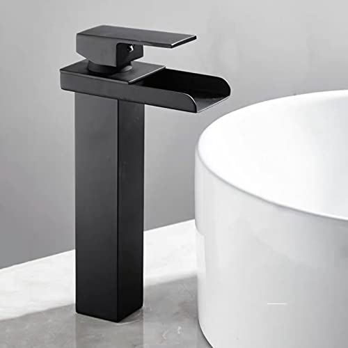 Robinet de lavabo de salle de bain cascade noir mitigeur haut en acier