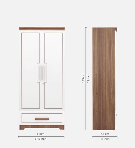 Image of COUCH CULTURE Amber Engineered Wood 2 Door Wardrobe with Drawer | Almirah | Wardrobe with Hanging Rode and Lock | Storage Organizer | Multipurpose Almirah | 1 Year Warranty - White & Leon Teak
