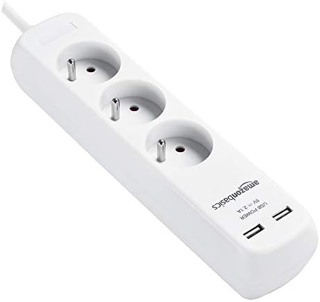 Amazon Basics Three Socket Extension Lead with 2 USB Charging Ports, 2 Metre, White
