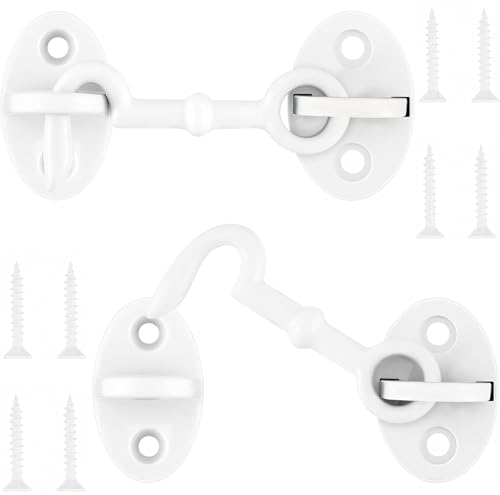Image of Set of 2 - Solid Brass Cabin Hooks - 2.8 inch Hook and Eye Latch in White Powder Coat Finish for Window, Sliding, Shed, Fence, Gate, Cabinet, Bathroom, Closet - Easy Installation, Indoor Outdoor Use