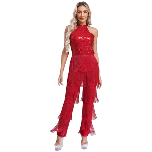 Jugaoge Damen Latein Body Neckholder Jumpsuit Overall Pailletten Top und Lange Hose mit Fransen Einteiler Tanzbekleidung Cha Cha Samba Salsa Kleid...
