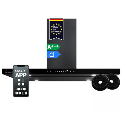 KKT KOLBE A+++ hotte 90 cm 680 m³/h Hotte îlot Air évacué Air en circulation Noir Verre Smart WiFi WLAN App Naloopautomatique SensorTouch avec filtre à...