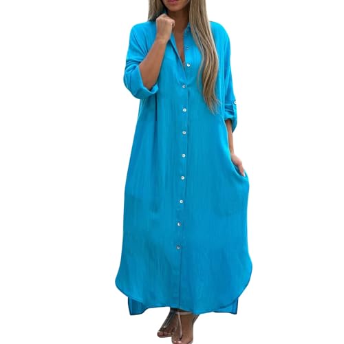52 Style Damen Kleider gelbes Kleid Sommerkleid hemdblusenkleid Leinen Revers Langarm Maxi T-Shirt mit Taste leinenkleider Sommer festlich（Hellblau,...