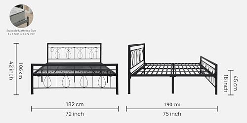 Image of Kovu Metal King Size Bed Without Storage | Wrought Iron Double Bed with Headboard & Footboard | Sturdy Powder Coated Platform Bed King Size Cot for BedroomLivingRoom Black (75x72)