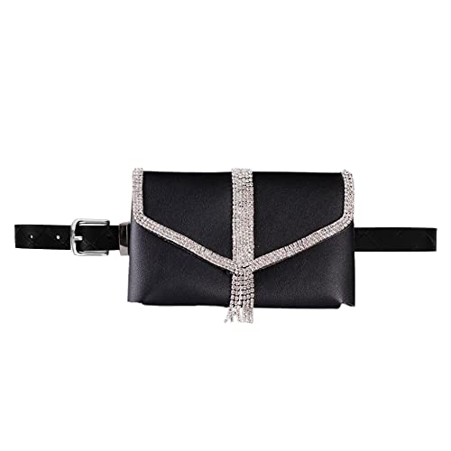 Riñonera de piel sintética con solapa y cinturón para mujer, Borlas de diamantes de imitación, Talla única