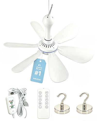 XWLYCNO Collapsible Ceiling Fan for Cruise Portable Magnetic USB Fans for Ship Travel Tent Camping RV Cabins Camper Yacht with Remote Magnet Hook Hanging 6 Blades Quiet Mini White 16.5 in