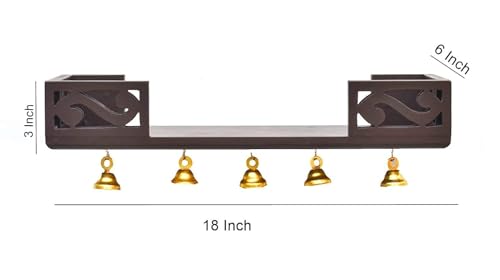 Image of Elcom Handicrafts Wooden Wall Mounted Temple Shelf with 5 Hanging Brass Bells | Decorative Pooja Shelf for Home Temple, Entrance, Living Room & Office | Dark Brown Finish