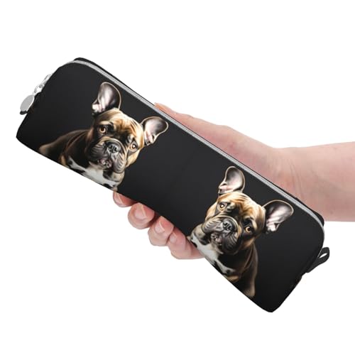 Long Ears French Bulldog Leather Zippered Pencil Case,Three-Dimensional Pen Bag With Large Capacity,Durable Convenient Portable4