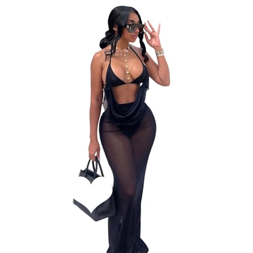 JasmyGirls Women Sexy Halter Backless Dress 3 Pieces Sheer Club Bodycon Summer Beach Cover Ups