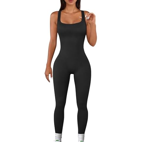 TrainingGirl Women One Piece Jumpsuit Square Neck Workout Bodysuit Ribbed Sleeveless Sports Romper Tummy Control Yoga Bodycon (Black, Small) Cover