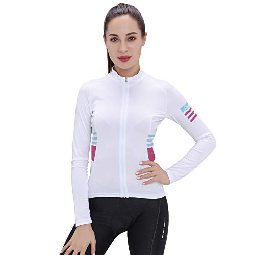 Santic Cycling Jersey Women's Long Sleeve Tops Bike Shirts Bicycle Jacket with Pockets White Olivia