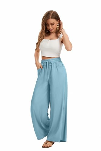 Image of KICZOY Women Flowy Pants Drawstring Waist Wide Leg Palazzo Beach Pants Loose Fit with Pockets