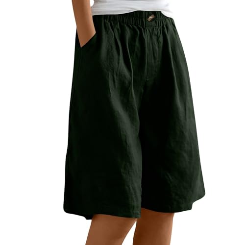 Linen Shorts for Women Loose Fit Knee Length Bermuda Summer Casual Elastic Waist Short Pants with Pockets