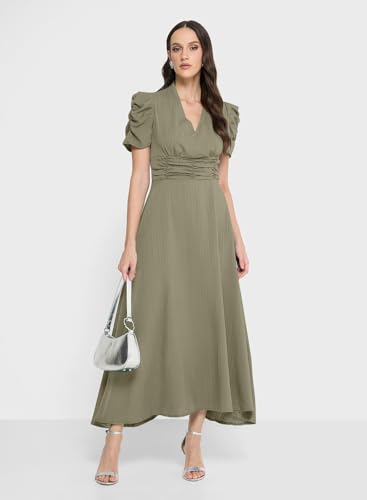 Image of Sugathari Women Women's V-Neck Maxi Dress, A-Line Style, Puff Sleeves, Cinched Waist 246