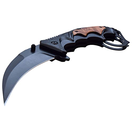 Image of Tac-Force Folding Pocket Knife - Black Stainless Steel Hawkbill Blade and Black Aluminum Handle w /Wood Inlay and Pocket Clip, Liner Lock, Tactical, EDC, Rescue - TF-957WD