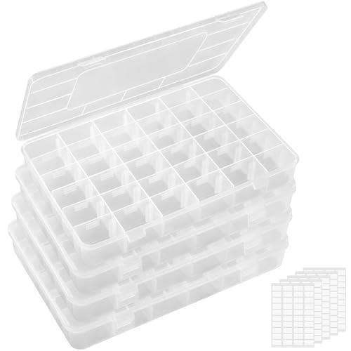 Lifewit 4 Pack 36 Grids Clear Stackable Plastic Organizer Storage Box Container with Adjustable Dividers for Beads, Art DIY, Crafts, Jewelry, Fishing Tackle with 5 Sheet Label Stickers