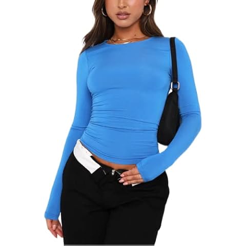 Faretumiya Women Long Sleeve Square Neck Solid Cropped Top Low Cut Ribbed Fitted Tee Shirt Slim Knit Blouse Retro Streetwear（Solid Dark Blue，Small） Cover