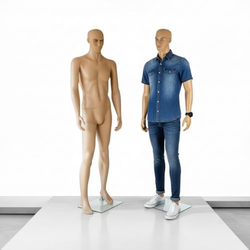 Mucola Schaufensterpuppe Mann 185 cm Männliche Schneiderpuppe mit beweglichen Gelenken Realistische Schaufensterfigur Herren-Mannequin mit Glas-Standplatte Abnehmbarer Kopf & Arme