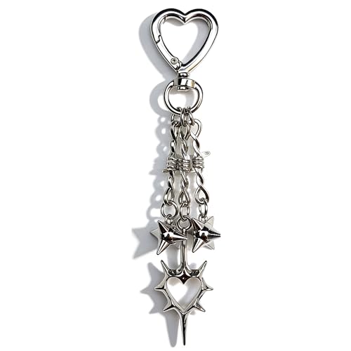 Y2K Gothic Punk Spiked Heart Keychain Silver Flail Bag Charm(thorn silver1)