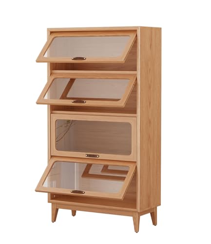 Image of Solid Wood Book Case 4Tier Bookshelves with Tempered Glass Flip-Up Doors Brown Finish Adjustable laminate, Bookshelf Versatile Pantry Cabinet with Storage Home Office (Original Wood D14xW32xH60 inch)