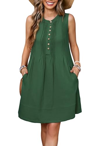 Image of R.Vivimos Sleeveless Cotton Casual Dresses for Women Summer 2026 Button Up Ruched Loose Tunic Mini Dress with Pockets
