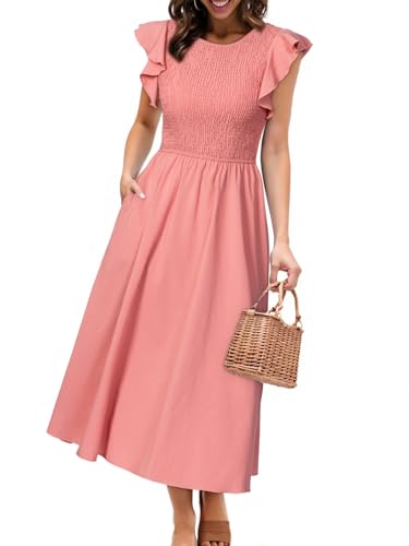 Image of Simplee Womens Striped Midi Summer Dress Linen Smocked Flutter Short Sleeve Dress Flowy Casual Dress with Pockets