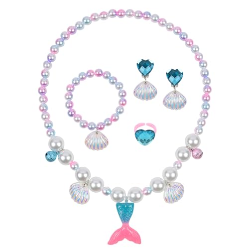OSDUE 5 peças conjunto de jóias de sereia para meninas, jóias infantis de sereia que inclui colar, anéis, pulseiras, brincos, conjunto de jóias infantis de sereia para presente de festa