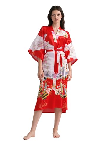 Image of PRODESIGN Kimono Robe for Women - Long Satin Sleepwear Silky Kimono Cover-Up Nightgown Japanese Bathrobe Loungewear Blouse