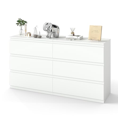 Ginhow Cómoda blanca con 6 cajones, 70 cm de ancho, armario de cocina estrecho, ideal para salón, dormitorio y pasillo, aparador moderno, cuarto de baño, blanco mate (blanco, 140 x 40 x 75 cm)