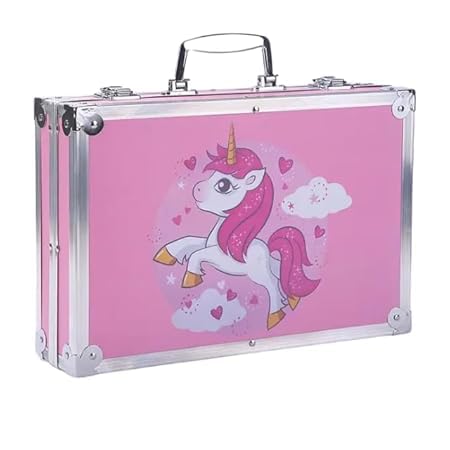 Image of 145 Pieces Art Set for Kids. 145 Pcs Color Set. Unicorn Painting Box. Drawing Colour Pencils, Oil Pastel, Watercolours, Sketches, Crayons & Paint Brush. Vanity Color Box for School Project. Pink.