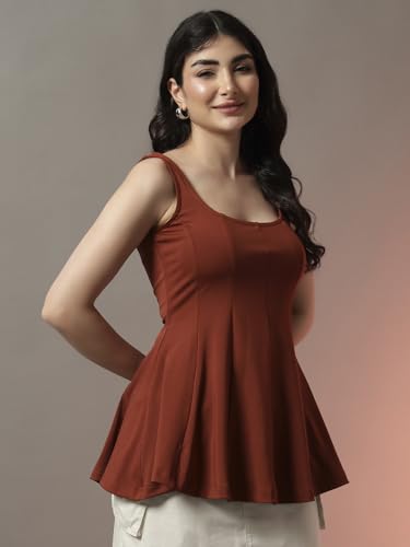 Image of Trend Arrest.ed Women's Polyester Sculpt Flare Top | Stretchable Sleeveless Fit & Flare Blouse with Scoop Back