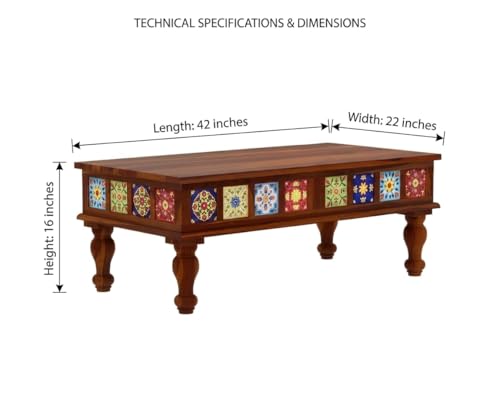 Image of Sheesham Wood Rectangle Center Coffee Table for Living Room | Centre Table for Drawing Room Office & Home | Multicolor Tile Design Wooden Coffee Table | Honey Finish