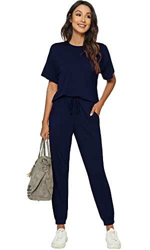 WiWi Women's Short Sleeve Tracksuit Set Viscose from Bamboo Loungewear 2 Piece Outfit Long Pants Jogger Sets S-XXL