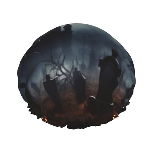 ゴシック ハッピーハロウィン シャワーキャップ 再利用可能 伸縮性 バスキャップ 防水 お風呂 ヘアハット 女性用 男性用 スパ サロン 大型 シャワーボンネット 二層 入浴 ヘアキャップ 長い髪、三つ編み用